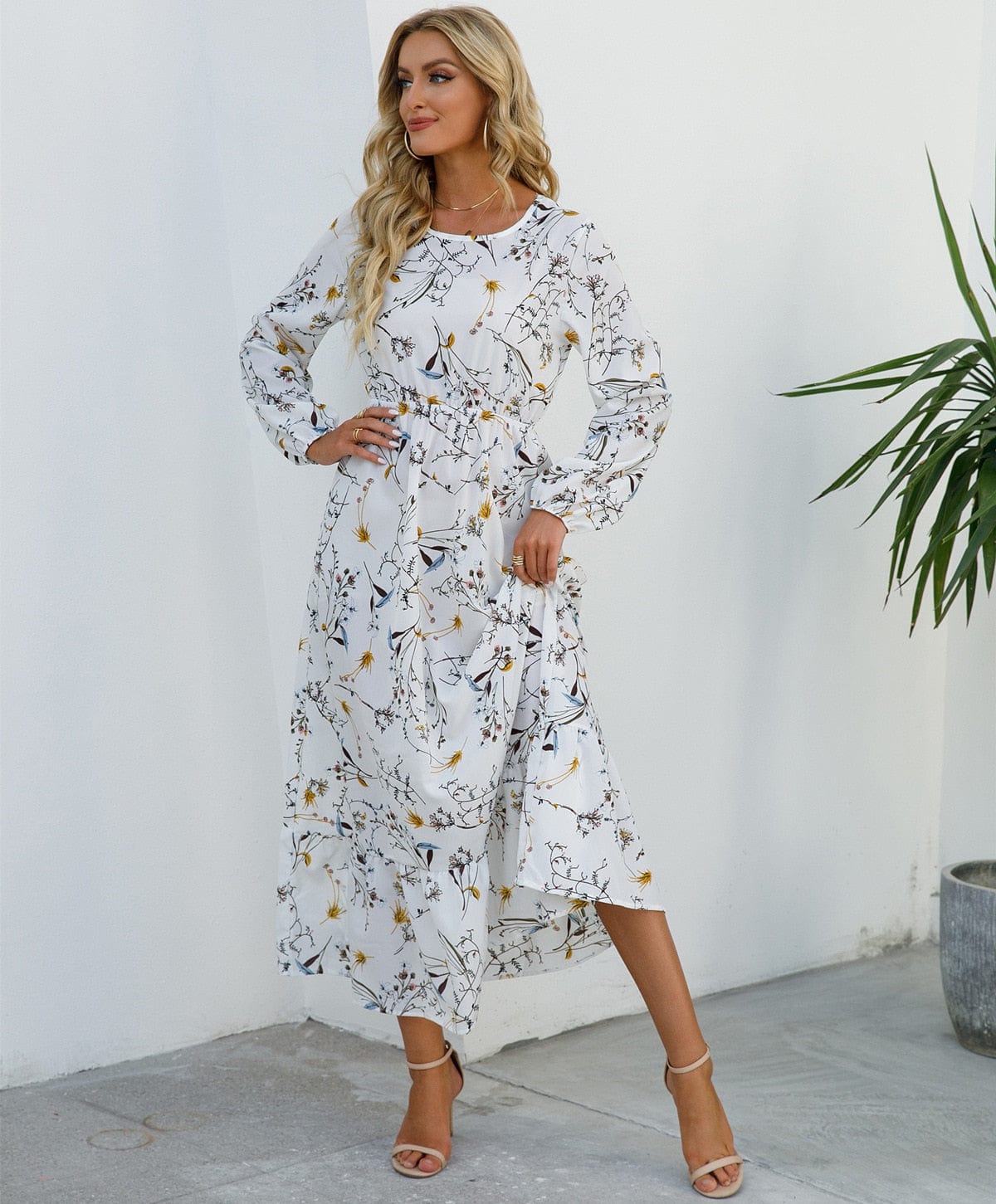 Mia™ Feestelijke Witte Bohemian Jurk Met Bloemenprint Midi